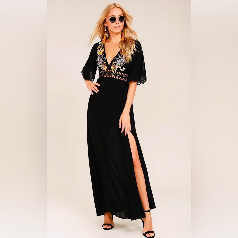 Lulu's Black Puerto Vallarta Floral Embellished Maxi Gown Dress